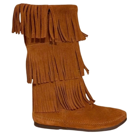 Minnetonka Womens Three Layer Fringe Suede Moccasin Boots - Picture 8 of 8